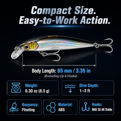 Floating Minnow Fishing Lure, 3.35in 0.30oz ABS Hard Bait with BKK 3X Size 6 Treble Hooks, Weight Transfer Rattle, 1-3ft Shallow Diving Lure for Bass Trout Walleye, Boxed - color: B1-1PCS/0.3OZ-3.35"