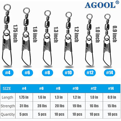 AGOOL Barrel Swivel Snap Kit - 50pcs Barrel Swivels with Safety Snaps High Strength Fishing Quick Connect Snap Swivels with Solid Ring Fishing Tackle Accessories Box Kit Size 4#,6#,8#,10#,12#,14# - color: 50pcs-black
