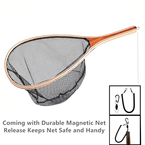Fly Fishing Landing Net with Wood Handle Wooden Frame Soft Rubber Mesh or Waterproof Nylon Mesh Nets with Magnetic Release for Trout Bass Fish Catch and Release - color: Nylon Net with Magnetic Release