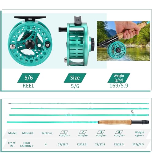 Sougayilang Fly Fishing Combo, 4 Piece Fly Rod and CNC Machined Aluminum Alloy Reel Complete Starter Package with Rod Bag - color: Fly Fishing Combo #5-Turquoisee