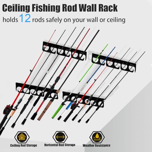 Fishing Rod Rack Pole Wall or Ceiling Storage Holder Hook Keeper Display Hanger Organizer Mount for Garage, Cabin Storeroom Porch and Basement Poles Holds 12 Rods Heavy Duty Metal safe - style: Store 12 Rods
