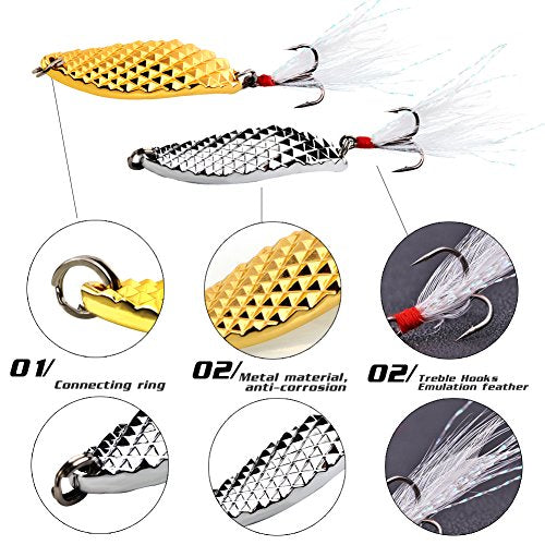 Sougayilang Fishing Spoons Hard Fishing Lures Treble Hooks Salmon Bass Metal Fishing Lure Baits 1/2 OZ - color: MIX 6pcs