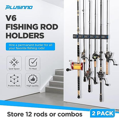PLUSINNO Fishing Gifts for Men - V6 Vertical Fishing Rod/Pole Holders, Support Extra Large & Heavy Fishing Rod Combos, Fishing Rod Holders for Garage, Wall Mounted Fishing Rod Rack Storage - style: Upgraded 2pack (Support Heavy rod combos)
