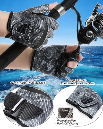 Camo Fishing Gloves Men Women UV-Protection, Anti-Slip Wear-Resistant Elastic Quick-Drying Breathable Sunblock Gloves 3-Finger-Open Lightweight for Boating, Kayaking, Hunting - size: X-Large