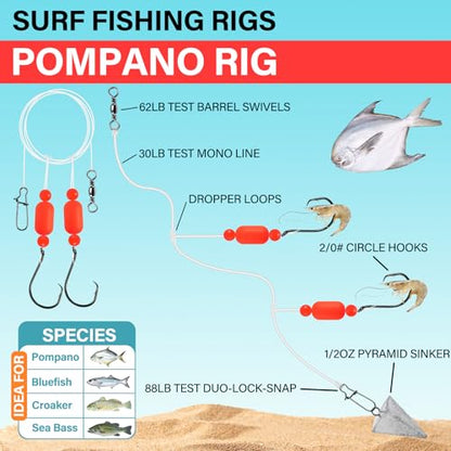 Alwonder 5-Pack Pompano Rigs Surf Fishing Rigs with Snell Floats, Saltwater Live Bait Rig Swivels Duo Lock Snaps Circle Wide Gap Kahle Hooks Rig for Beach Surf Casting Pier Jetty Fishing - color: Green 5-Pack, size: #2/0 Circle Hook