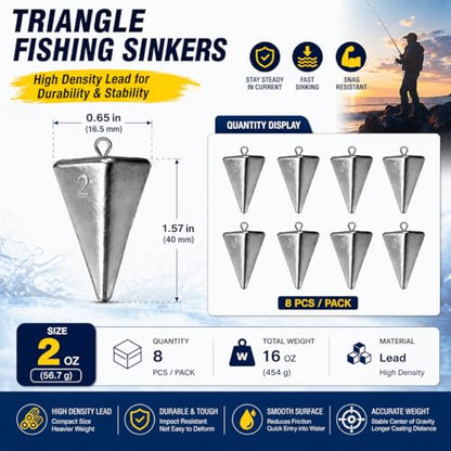 Pyramid Fishing Sinkers for Saltwater Surf Fishing, Lead Casting Weights for Beach Pier Ocean Bottom Rigs, 1oz, 2oz, 3oz Assorted Fishing Tackle - size: 2oz-8Pcs