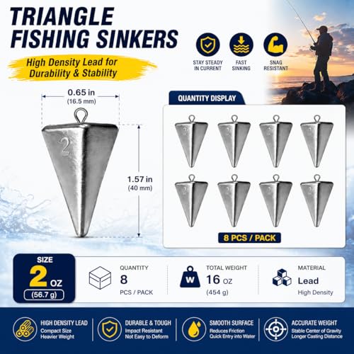 Pyramid Fishing Sinkers for Saltwater Surf Fishing, Lead Casting Weights for Beach Pier Ocean Bottom Rigs, 1oz, 2oz, 3oz Assorted Fishing Tackle - size: 2oz-8Pcs