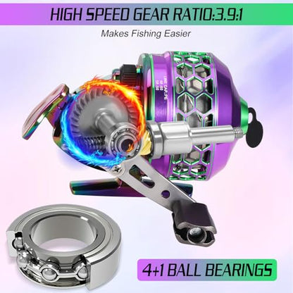 Sougayilang Spincast Fishing Reel,High Speed 3.9:1 Gear Ratio,Trouble-Free Push-Button Bait Casting Design and Reversible Handle for Left/Right Retrieve,Pre-Spooled with Monofilament Line - color: Colorful Spincast Reel