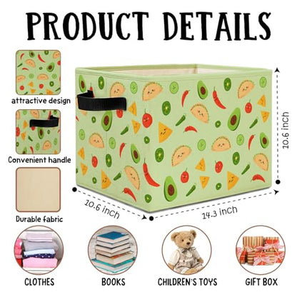 Green Mexican Taco Avocado Storage Bins Box with Handles, Chili Nacho Mexican Food Laundry Basket Hamper Collapsible Clothes Toys Organizer for Home Kitchen Kids Room Playroom - color: Taco Avocado