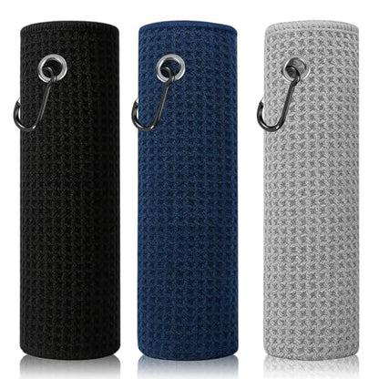 Fishing Towel with Clip,16" X 16",Waffle Pattern Effective Cleaning of Fishing Gear Accessories,Microfiber Absorbent Camping Towel for Men,Hiking Towel,Golf Towel,Pack of 3 (Black/Grey/Blue) - color: Black/Grey/Blue