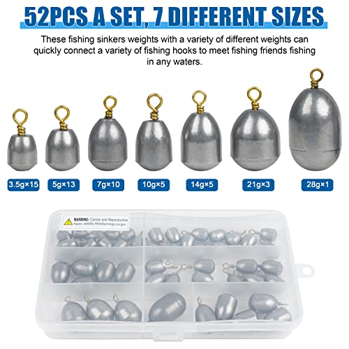 Fishing Weights Sinkers Kit,19/52pcs Bass Casting Sinkers Weights Bell Sinkers Assorted Iron Fishing Weights Drop Catfish Sinkers Weights for Saltwater Freshwater Fishing - style: 52pcs Kit