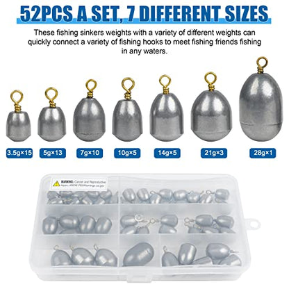 Fishing Weights Sinkers Kit,19/52pcs Bass Casting Sinkers Weights Bell Sinkers Assorted Iron Fishing Weights Drop Catfish Sinkers Weights for Saltwater Freshwater Fishing - style: 52pcs Kit