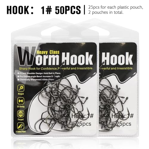 Dovesun EWG Offset Worm Hooks for Bass Fishing 100PCS/50PCS Texas Rig Hooks for Freshwater Saltwater 1# 1/0 2/0 3/0 4/0 - color: 1# * 50PCS