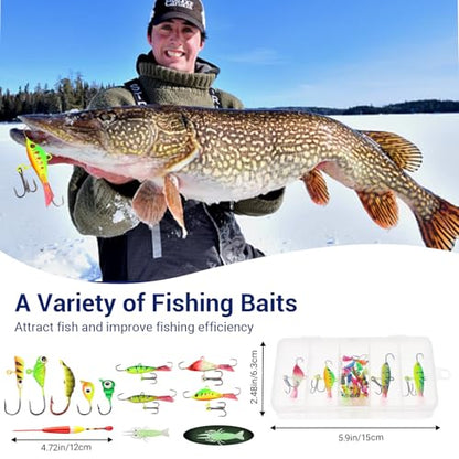 Ice Fishing Rod Reel Combo Complete Set Ice Fishing Gear with Backpack Seat Ice Cleats Ice Fishing Jigs Line Full Ice Fishing Kit