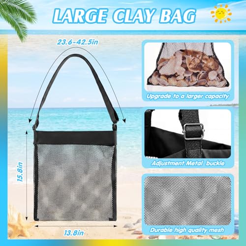 VioraWhite 2 Pcs Extra Large 14 x 16inch Clam Mesh Chum Beach Bags for Seashells Clams Treasures Sand Away Foldable Shell Collection Bags with Adjustable Straps (Black,Dark Blue) - color: Black, Dark Blue