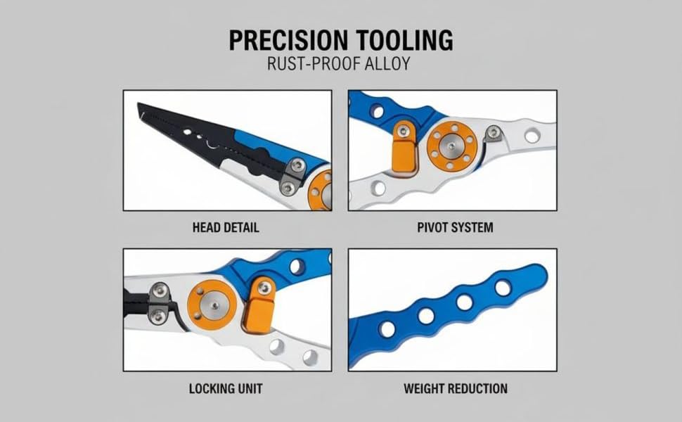 Aluminum Fishing Pliers with Hook Remover, Extended Throat, Split Ring Tool, for Saltwater Fishing, Lightweight Braid Line Cutters, Crimping Sleeves, Anti-Lost Lanyard, Nylon Sheath