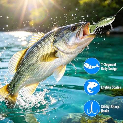 Slow Sinking Fishing Lures, 5Pcs Multi-Jointed Swim Baits for Freshwater & Saltwater, 7/8 Segmented Hard Lures, Heavy-Duty Fiber Jointed Glide Baits for Bass Musky Trout Crappie Pike