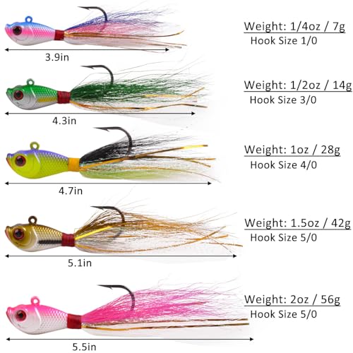 Bucktail Jigs Saltwater Fishing Lures Bucktail Fishing Jigs Surf Fishing Lure Swimbait Jig Heads Hook for Bass Walleye Flounder Striper 1/4oz 1/2oz 1oz 1.5oz 2oz - size: 1/4oz-5pcs