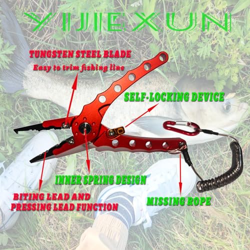 Fishing Pliers with Sheath，gloves and Lanyard; Multi-purpose Saltwater Fishing Pliers with Split Ring,Corrosion Resistance Fly Fishing Pliers(Red)