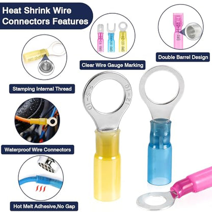 ZQZ Marine Grade Heat Shrink Wire Connectors Kit,128PCS Automotive Crimp Terminals Assortment with Rings Forks Female Male Butt Splices, Waterproof Wiring Connectors Kit - size: Heat Shrink 128PCS