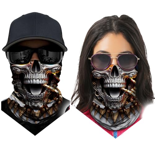 Obacle Bandana Face Mask Neck Gaiter Tube Mask Men Women for Sun Dust Protection - color: Skull Gold and Blue Eyes