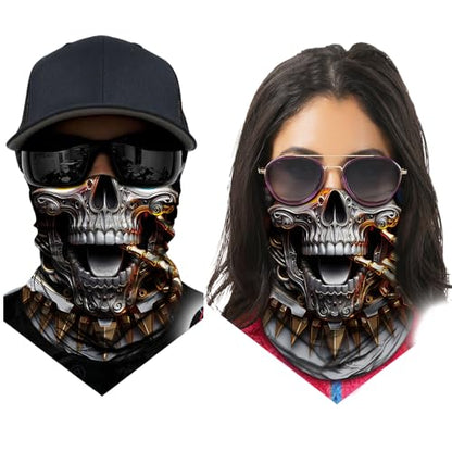 Obacle Bandana Face Mask Neck Gaiter Tube Mask Men Women for Sun Dust Protection - color: Skull Gold and Blue Eyes