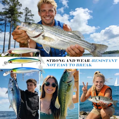 Floating Minnow Fishing Lures with Feathered Treble Hooks, 3D Lifelike Eyes & Holographic Finish, Topwater Hard Baits for Bass, Redfish, Freshwater & Inshore Saltwater Fishing, 3 Pack (A) - color: B-3.6inch/0.24oz/3pcs