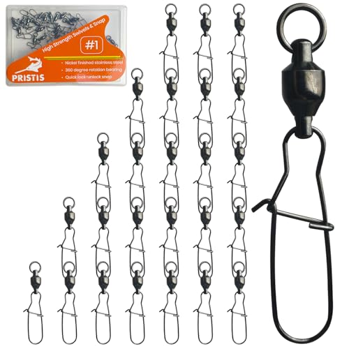 Pristis 25 Pack High Strength Fishing Snap & Swivels, Ball Bearing with Coastlock Snap, Saltwater Corrosion Resistant Connector, Fresh Water Heavy Duty Black Nickel Finish Tackle Kit for Bass Perch - size: #1