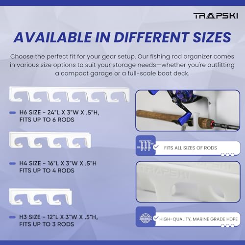 TRAPSKI Made in The USA Fishing Rod/Pole Holder Rack Organizers | Wall or Boat Mounting Fishing Rod Rack | Marine Grade HDPE Plastic | Pole Holder for up to 8 Rods | Stackable - 2 Pack - color: H4 White