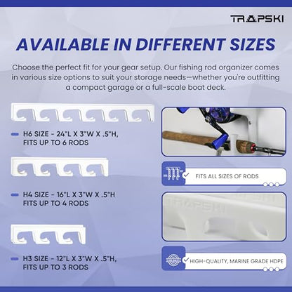 TRAPSKI Made in The USA Fishing Rod/Pole Holder Rack Organizers | Wall or Boat Mounting Fishing Rod Rack | Marine Grade HDPE Plastic | Pole Holder for up to 8 Rods | Stackable - 2 Pack - color: H4 White