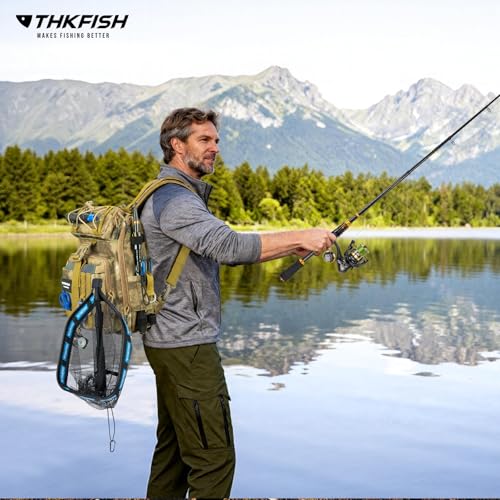 THKFISH Telescoping Fishing Rod and Reel Combo with Backpack, Carbon Fiber Travel Fishing Pole Spinning Reel Kit with Fishing Lures, Fishing Tools Kit for Men - color: Khaki Backpack With Fishing net, size: 39IN