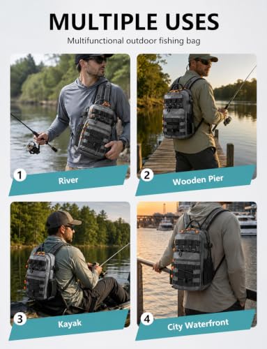 2 in 1 Compact Tactical Fishing Backpack with Tackle Boxes, Lightweight Waterproof Tackle Bag Fit 2 * 3600 Tackle Boxes, 2 Rod Holders Storage, Fishing Accessories Gift for Men Gray - color: Gray