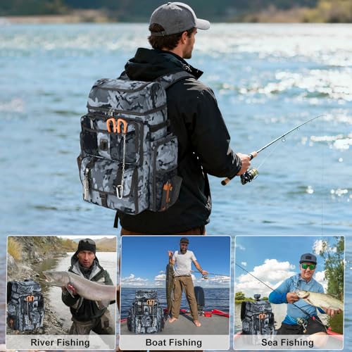 VJI Fishing Tackle Backpack with Rod Holder, Large Tactical Backpack, Fishing Gear Tackle Box Tactical Backpack, Water Resistant Sport Bag and Equipment - color: Black Camo
