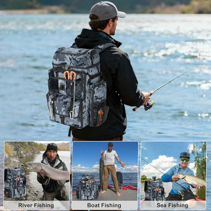 VJI Fishing Tackle Backpack with Rod Holder, Large Tactical Backpack, Fishing Gear Tackle Box Tactical Backpack, Water Resistant Sport Bag and Equipment - color: Black Camo