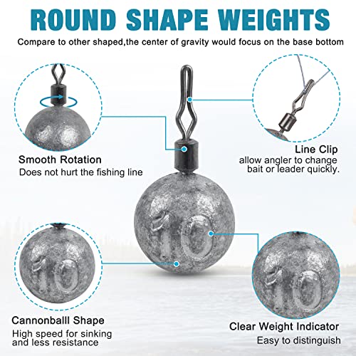 Drop Shot Weights Kit Round Cannonball Fishing Sinkers Weights Bass Casting Fishing Weights Swivel Drop Shot Sinker Rig Tackle for Bass Fishing Freshwater Saltwater - style: 3/16oz-30pcs