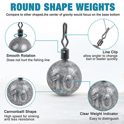 Drop Shot Weights Kit Round Cannonball Fishing Sinkers Weights Bass Casting Fishing Weights Swivel Drop Shot Sinker Rig Tackle for Bass Fishing Freshwater Saltwater - style: 3/8oz-25pcs