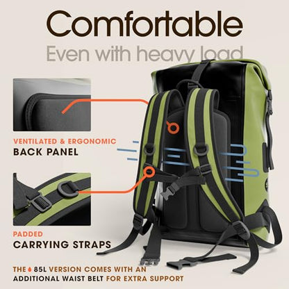Earth Pak Waterproof Backpack - Heavy Duty Hiking Backpack - Roll-Top Closure Bag - Cushioned Dry Bag Waterproof Phone Case - color: Green, size: 85L