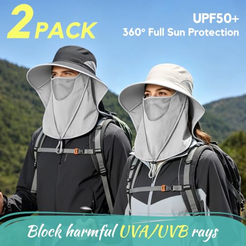 2 Pack Women Men Outdoor Wide Brim Sun Hat with Neck Face Flap,UPF 50+ Protection Fishing Garden Work Hat with Ponytail Hole - color: Dark Grey ＆ Beige