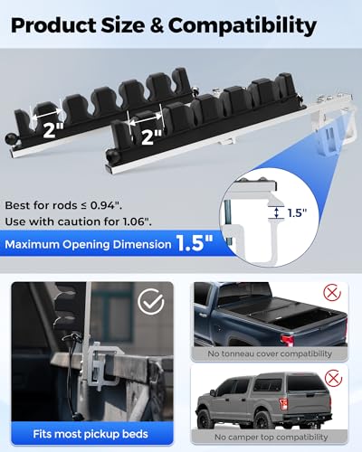 Aluminum Fishing Rod Holder for Truck Bed Holds 4 Fishing Rods, Truck Bed Fishing Rod Holder for Pickup, Gift for Truck Owners, Fishing, Outdoors, Dad, Family