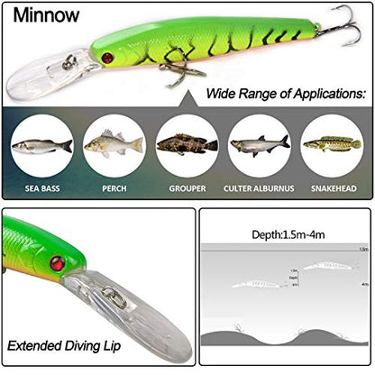 Bass Fishing Lures Kit, Minnow CrankBait VIB Pencil Popper Sinking Wobbler Hard Bait Lures for Bass Trout Walleye Redfish Freshwater Saltwater - color: Combo A-10pcs (5.6" with lip)