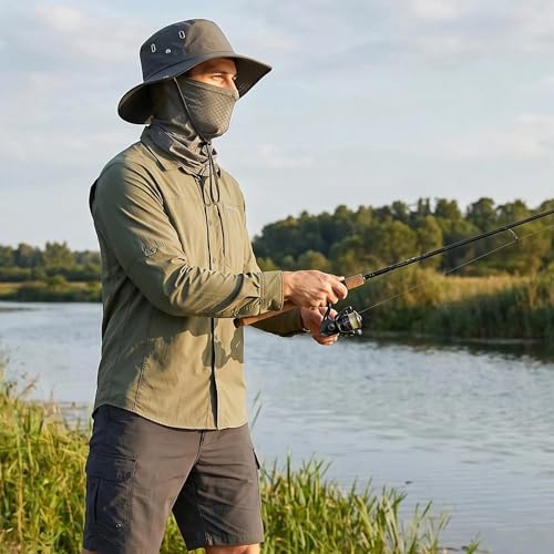 Fishing Hat with Summer Breathable Neck Gaiter, Wide Brim Sun Hat for Men & Women, Outdoor UV Sun Protection Hat & Face Mask - color: Dark Grey
