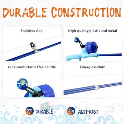 Kids Fishing Pole, Telescopic Fishing Rod, Toddler Collapsible Fishing Rod and Reel Combo with Tackle Box, Fishing Line, Bobber, and Soft Lures for Boy, Girl, Youth, Beginner, Over 4 Years Old - color: blue+orange