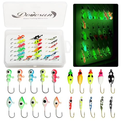 Dovesun Ice Fishing Jigs Kit Ice Fishing Lures Glow in The Dark Fishing Gear Lures 20-93Pcs Jig Head with Tackle Box for Panfish Walleye Crappie Perch Bluegil Trout - color: 20pcs