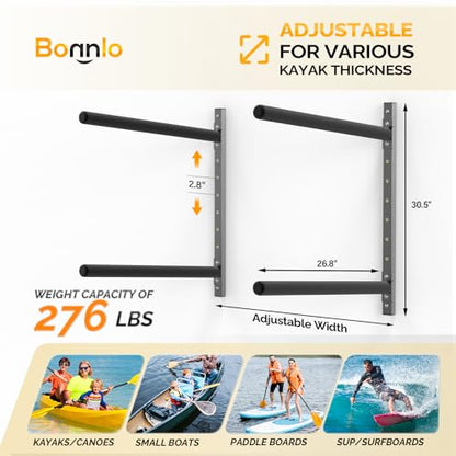 Bonnlo Kayak Storage Rack, Adjustable Heavy Duty Kayak Rack for Kayaks Paddle Boards, Kayak Paddle Holder for Garage, Spacesaver, Gentle on Padding, Boat Organizer - style: 2 Kayaks, Wall Mount