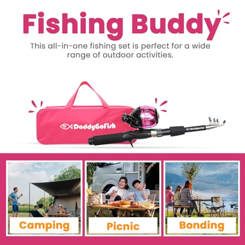 DaddyGoFish Kids Fishing Pole - Rod Reel Combo Tackle Box Starter Set - First Year Small Dock Gear Kit for Boys Girls Toddler Youth Age Beginner Little Children Junior Anglers Older Kids - color: Pink