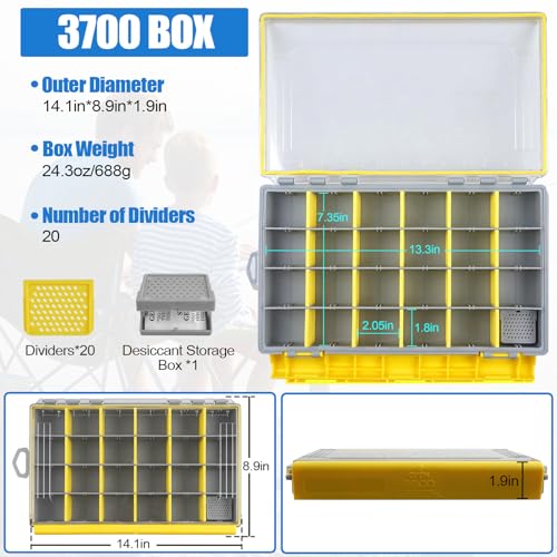 Fishing Tackle Box, Waterproof 3600 3700 Plastic Tackle Box Organizer with Removable Dividers, Fishing Gear Lures Tackle Storage Trays Gifts for Men (3700) - color: 3700(14.1" x 8.9" x 1.9")-1 Pack