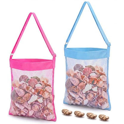 VioraWhite 2 Pcs Extra Large 14 x 16inch Clam Mesh Chum Beach Bags for Seashells Clams Treasures Sand Away Foldable Shell Collection Bags with Adjustable Straps (Pink,Blue) - color: Pink, Blue
