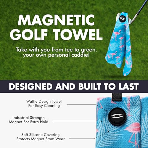 Magnetic Microfiber Waffle Golf Towel – Large 16"x24" Clean Golf Club Ball Magnet Clip to Hang on Bag Cart Strong Premium Strength Ultra Absorbent Gear Men (Flamingo Palms) - color: Flamingo Palms