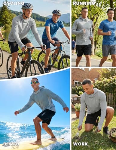 PINSPARK UPF 50+ Sun Protection Hoodie Men with Mask Quick Dry Long Sleeve Fishing Hiking Shirts UV Rash Guard Lightweight - color: Light Grey, size: X-Large