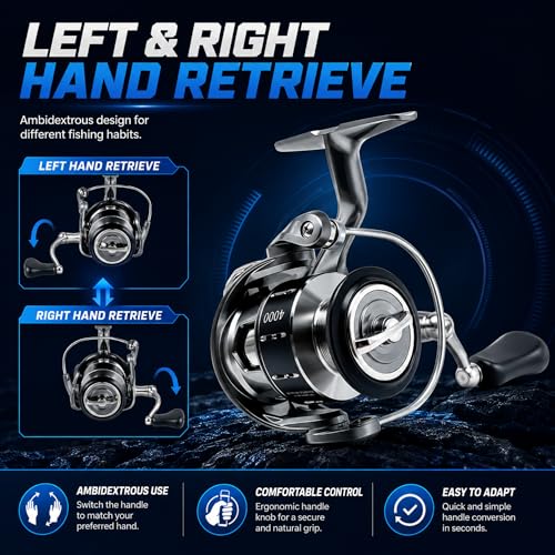 3000 Spinning Reel, 5.2:1 Gear Ratio, CNC Aluminum Spool, 5+1 BB | Lightweight Spinning Reel with 5.2 to 1 Gear Ratio 5 Plus 1 Bearings CNC Aluminum Spool and Reversible Screw In Handle